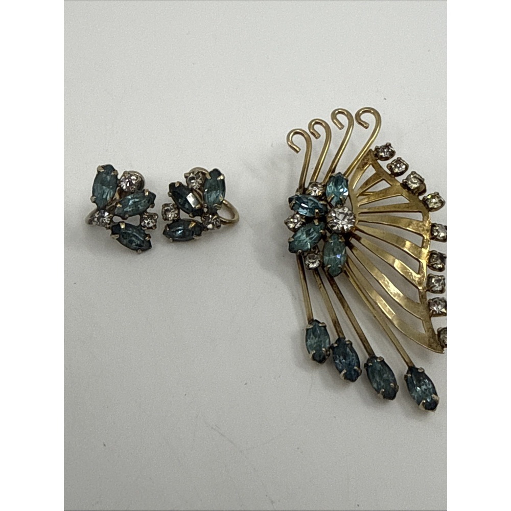 Vtg P&F Gold Filled Brooch Blue & Clear Crystals 1/20 12KT GF Roll Back Earrings